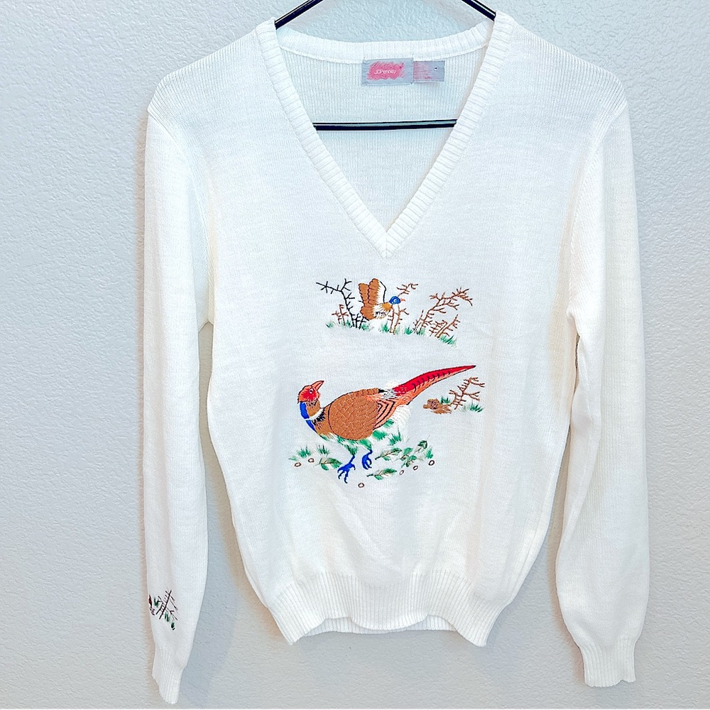 Vintage JC Penney Sweater Embroidered Pheasants Birds V Neck Acrylic Small